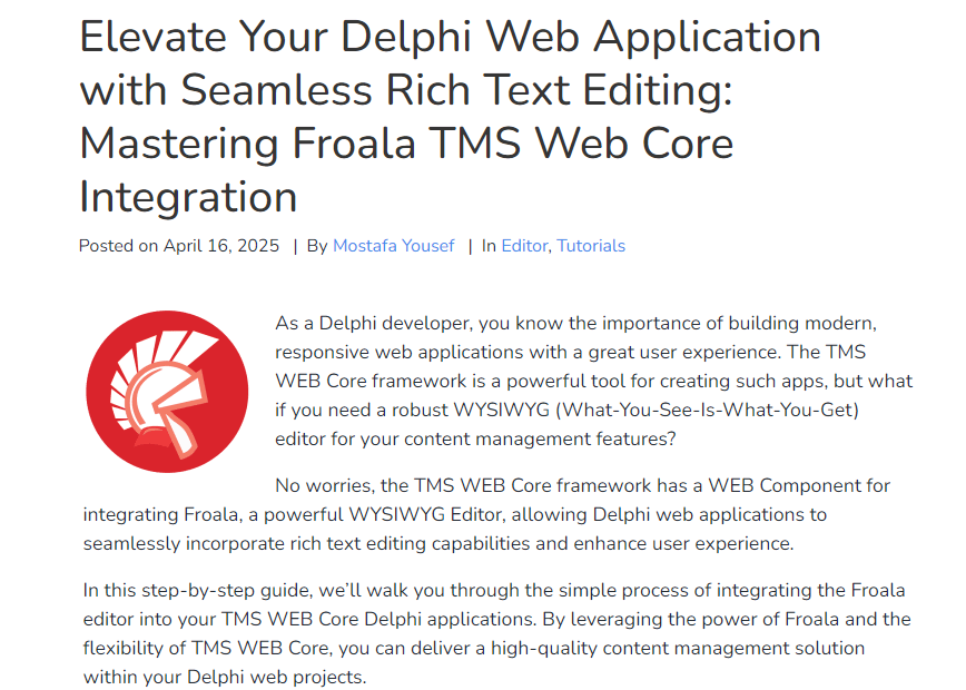 通过无缝的富文本编辑提升您的Delphi Web应用程序：掌握Froala TMS Web核心集成